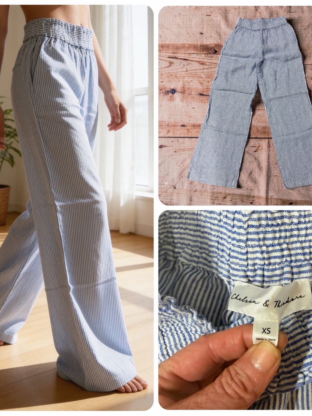 Chelsea & Theodore Blue and White Pinstripe Wide-Leg Pants